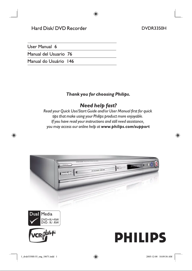 Page 1 de la notice Manuel utilisateur Philips DVDR3350H