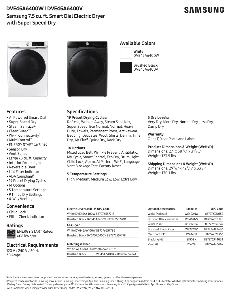 Page 1 de la notice Fiche technique Samsung DVE45A6400V