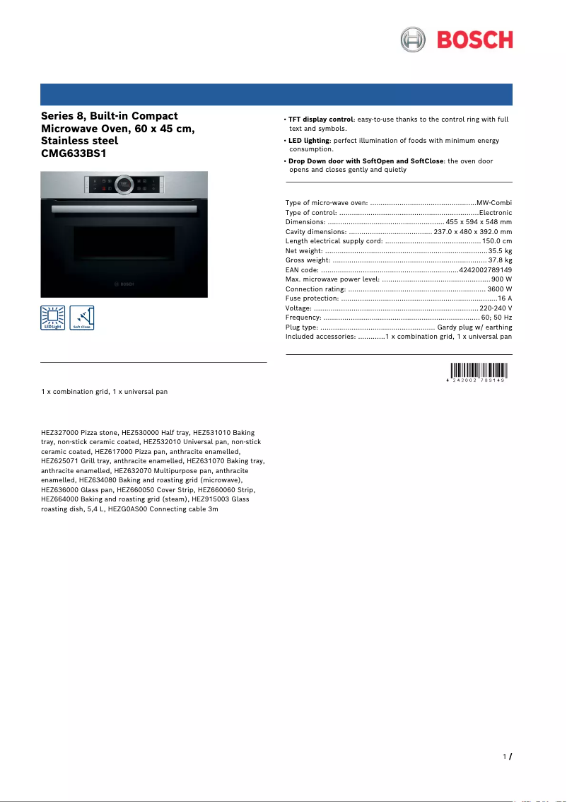 Page 1 de la notice Fiche technique Bosch CMG633BS1
