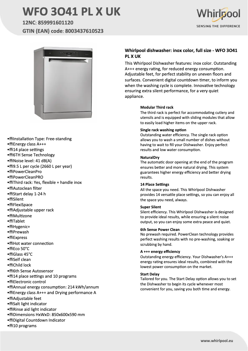 Page 1 de la notice Fiche technique Whirlpool WFO 3O41 PL X