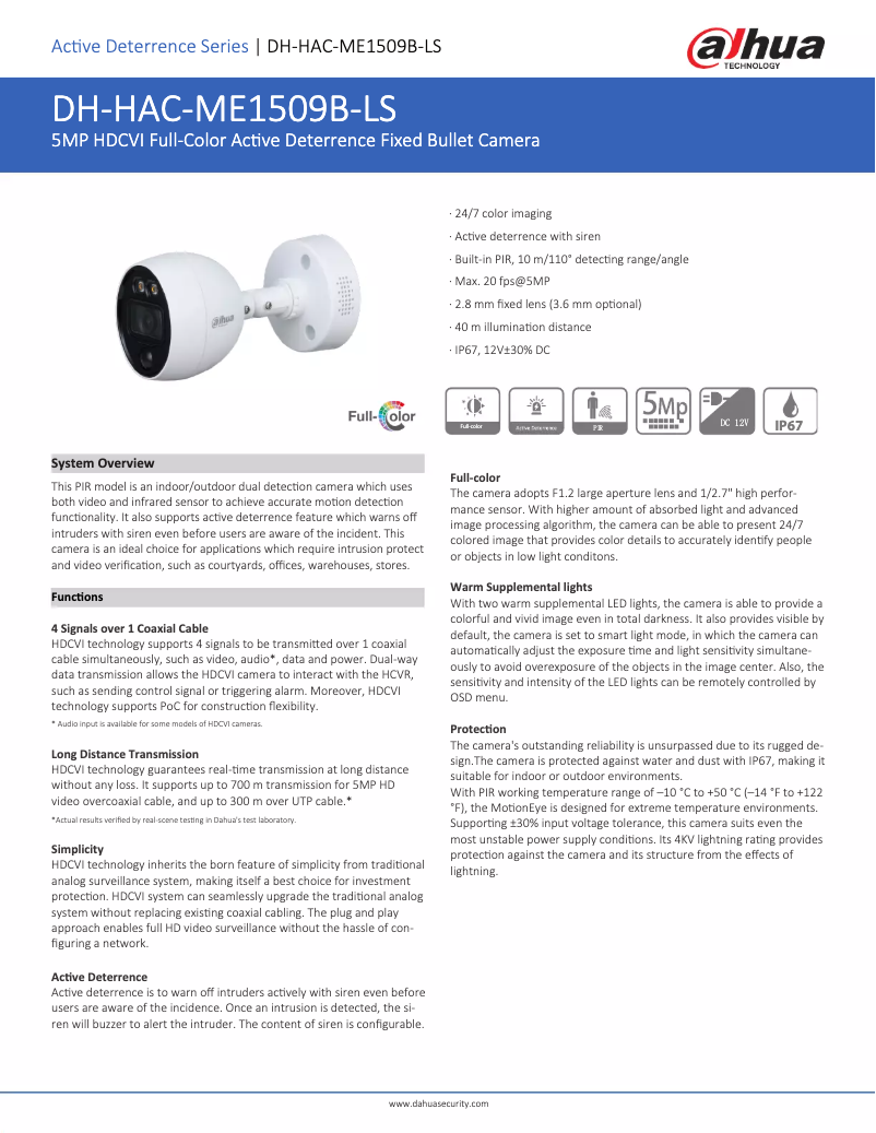 Page n°1 - Fiche technique Dahua Technology HAC-ME1509B-LS