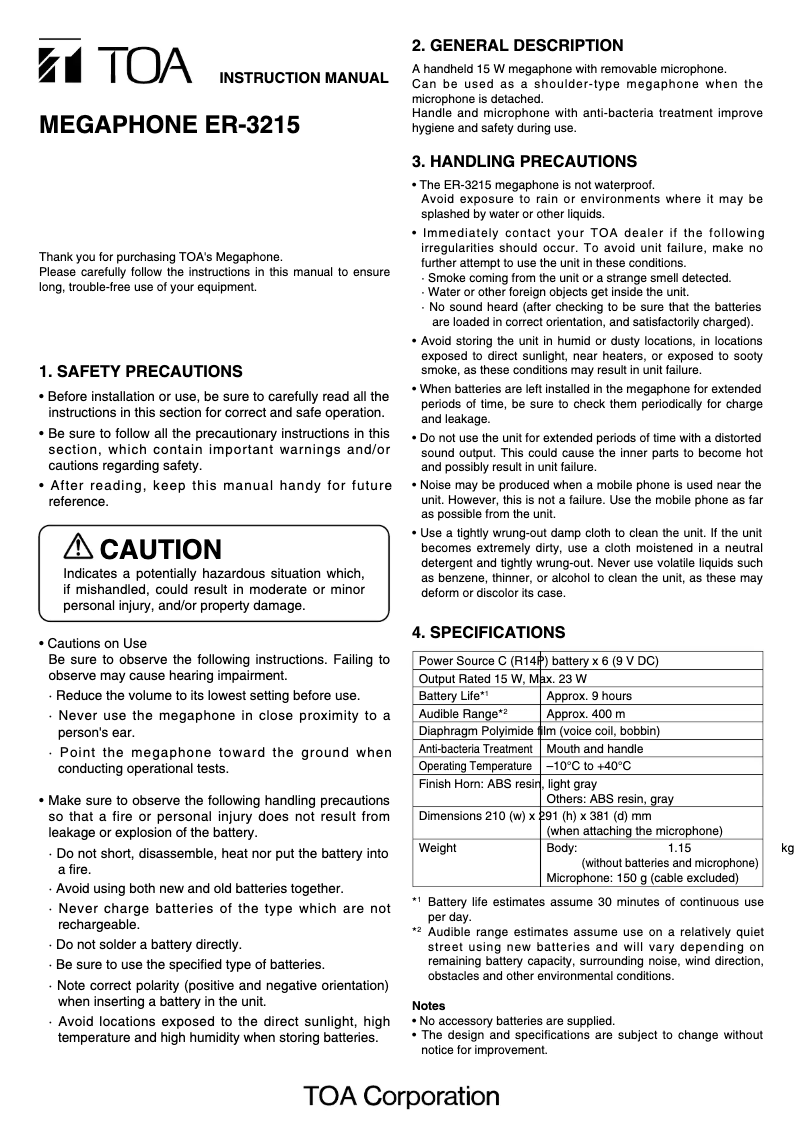 Page n°1 - Manuel utilisateur TOA ER-3215