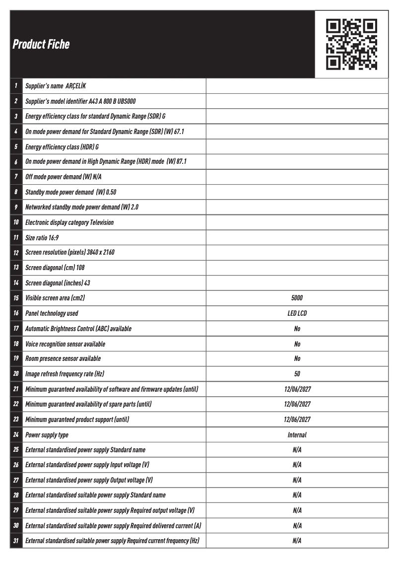 Page n°1 - Fiche technique Arçelik A43 A 800 B