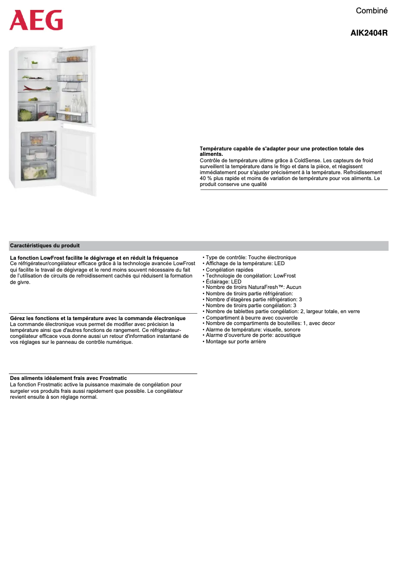 Page 1 de la notice Fiche technique AEG AIK2404R