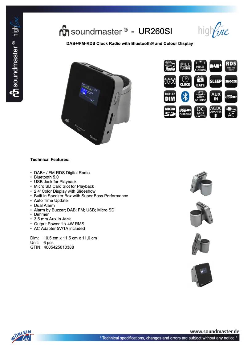 Page 1 de la notice Fiche technique Soundmaster UR260