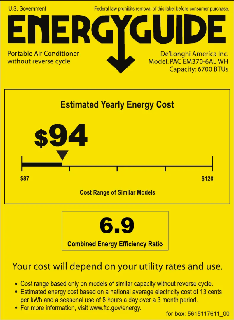 Page 1 de la notice Label énergétique DeLonghi Pinguino Compact PACEM370-6ALWH