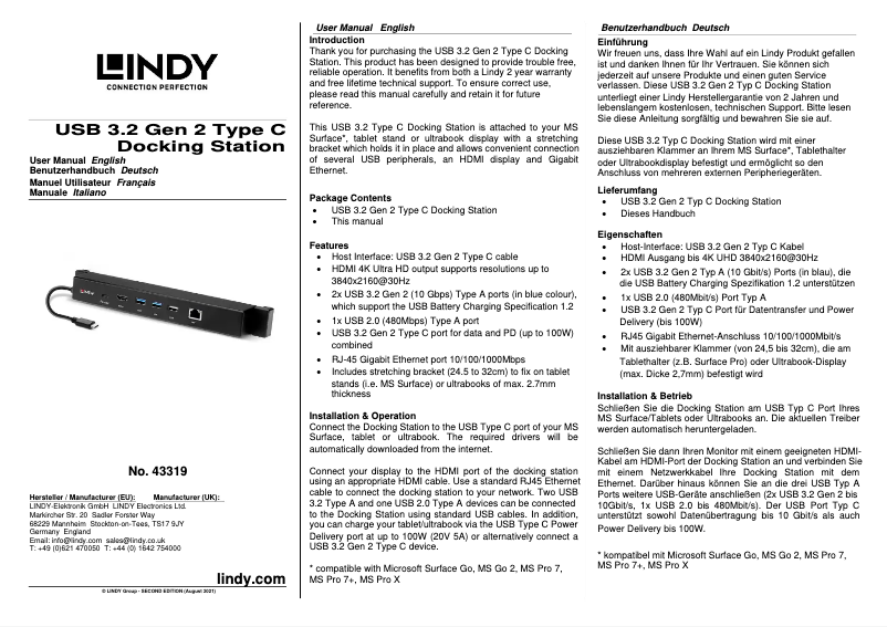 Página 1 del manual Manual de usuario Lindy 43319