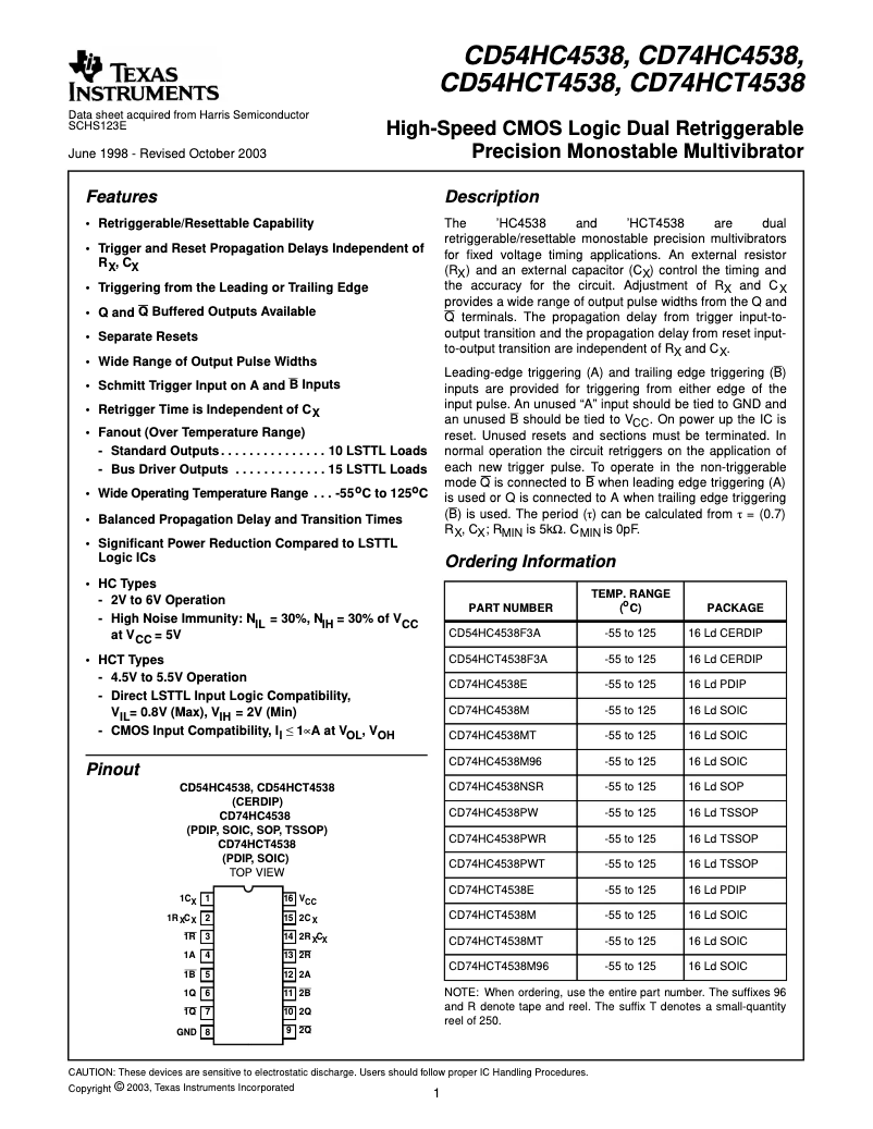 Page 1 de la notice Manuel utilisateur Texas Instruments CD74HCT4538M96