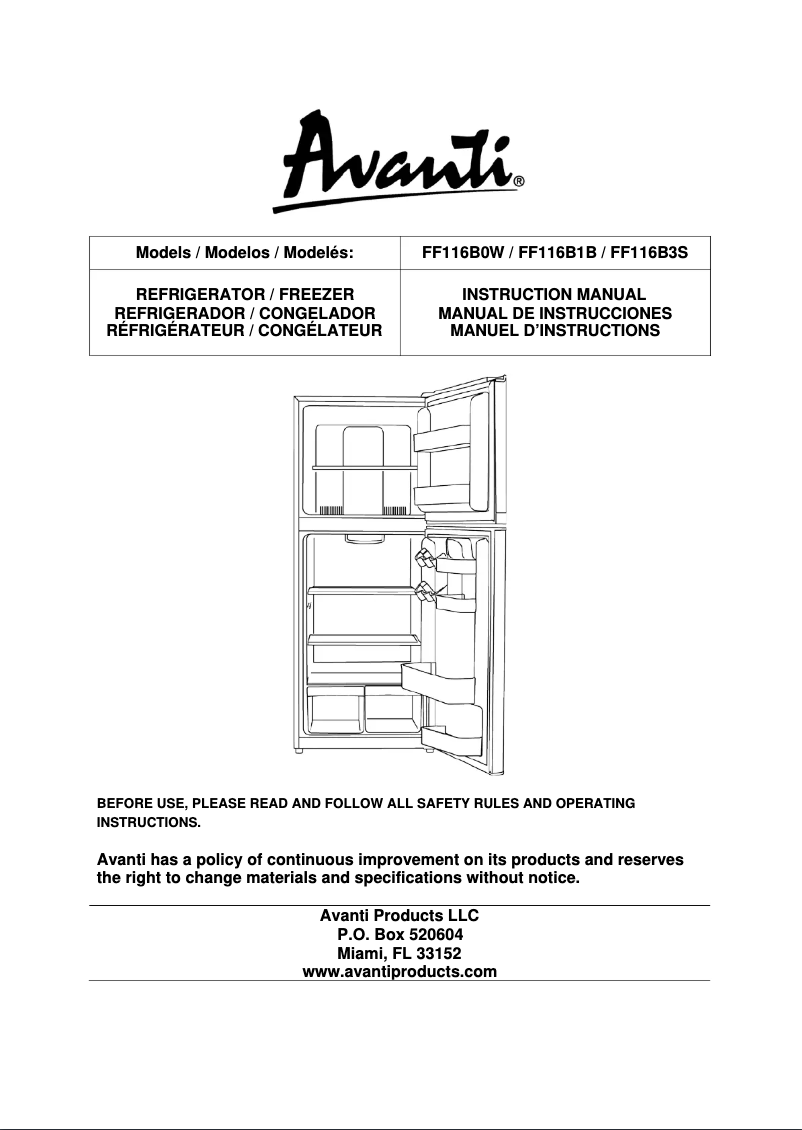 Page 1 de la notice Manuel utilisateur Avanti FF116B0W