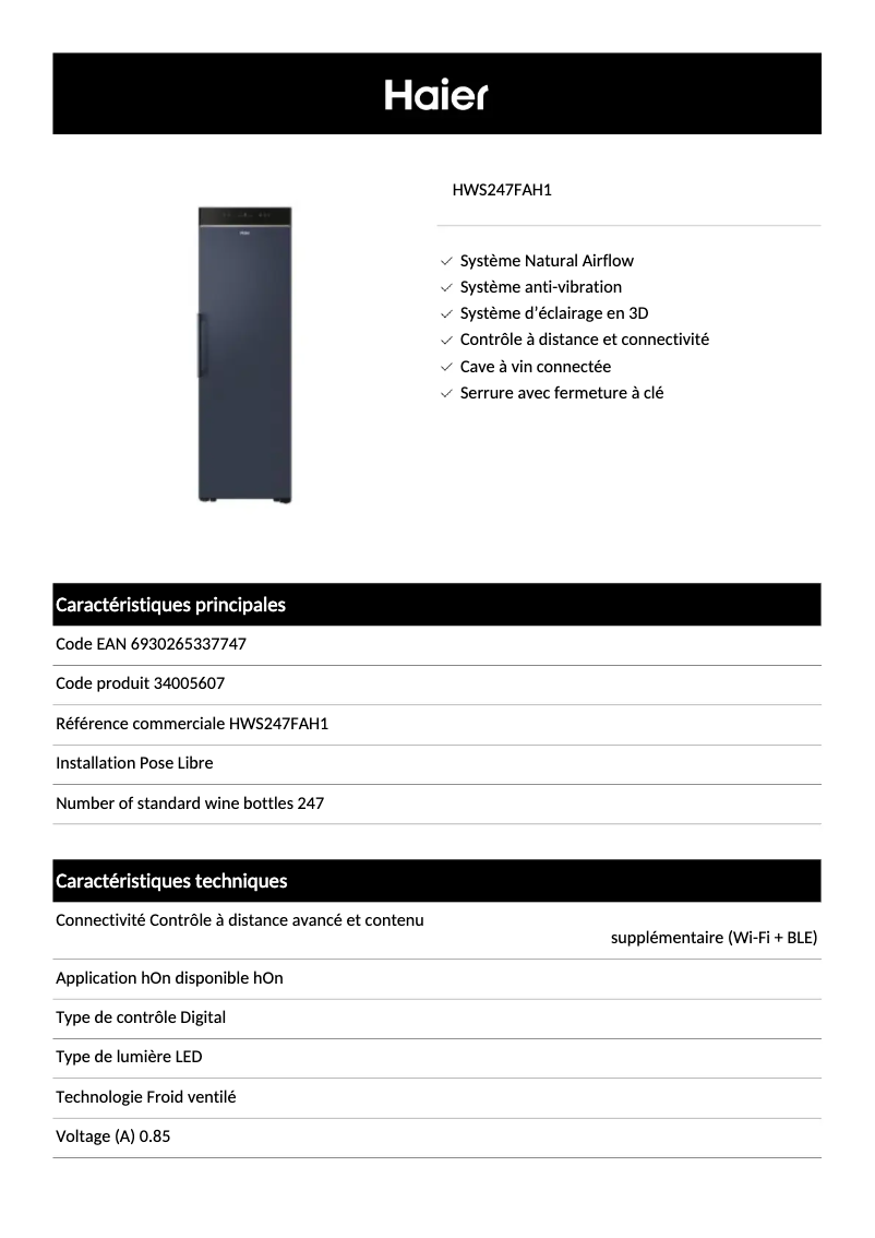 Page 1 de la notice Fiche technique Haier HWS247FAH1