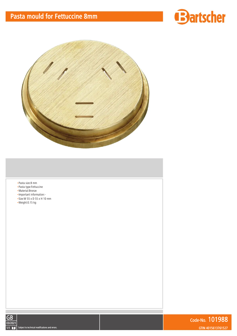 Page 1 de la notice Manuel utilisateur Bartscher 101988