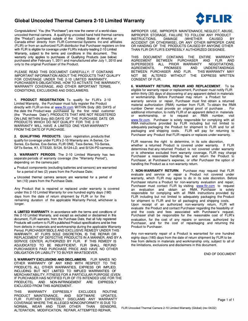 Page 1 de la notice Informations de garantie FLIR C2