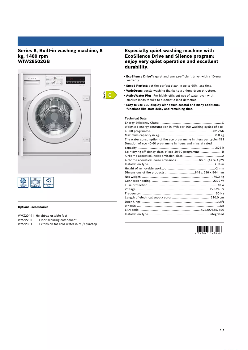 Page 1 de la notice Fiche technique Bosch Serie 8 WIW28502GB