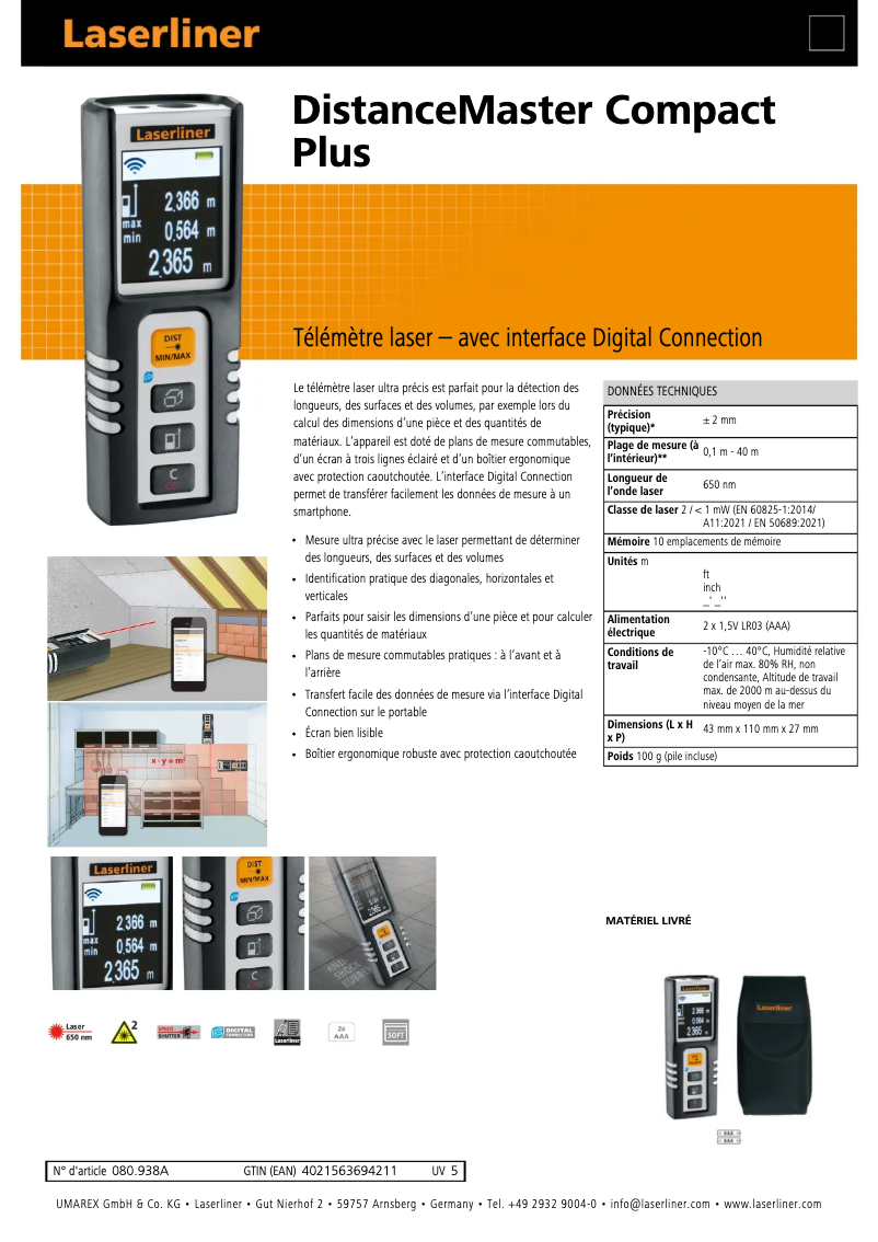 Page 1 de la notice Fiche technique Laserliner DistanceMaster Compact Plus