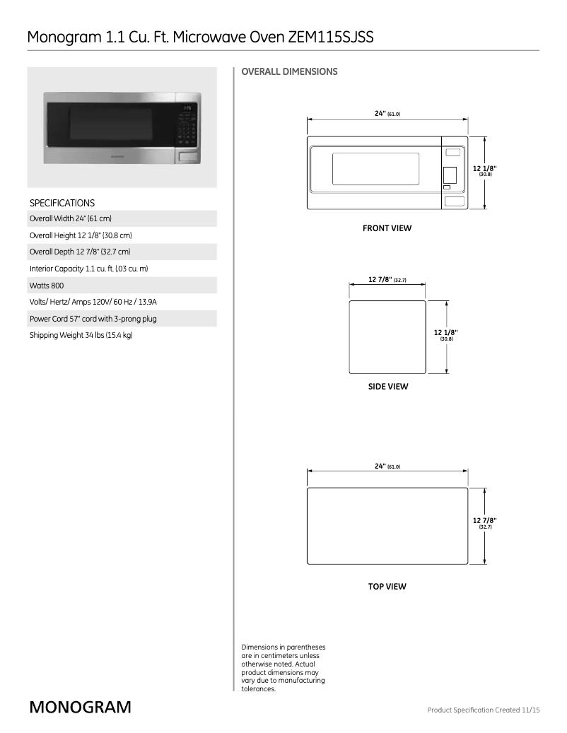 Page n°1 - Fiche technique Monogram ZES1227SLSS
