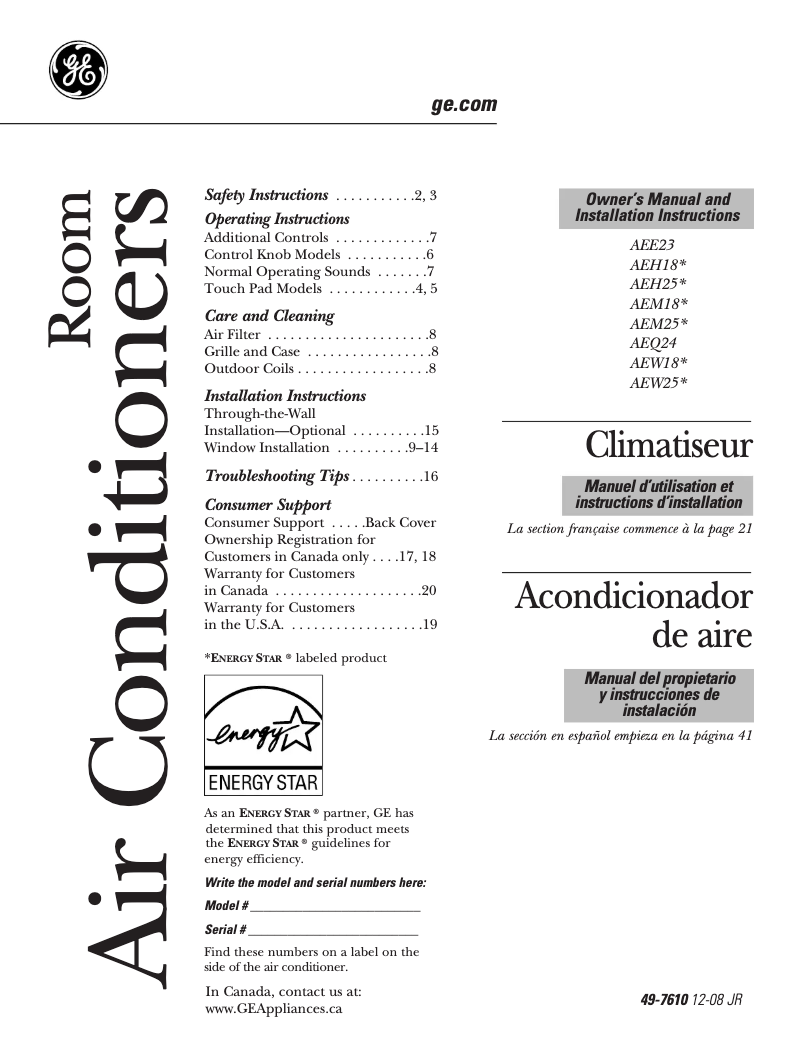 Page 1 de la notice Guide d'installation GE AEW25DM