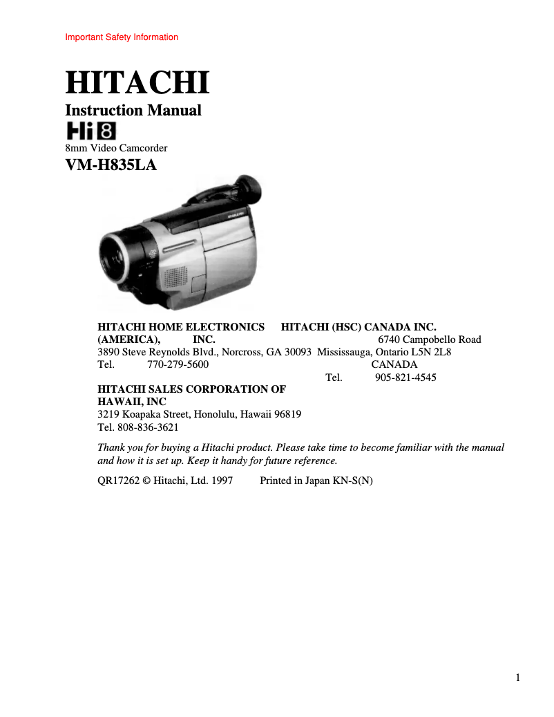 Page n°1 - Manuel utilisateur Hitachi VM-H835LA