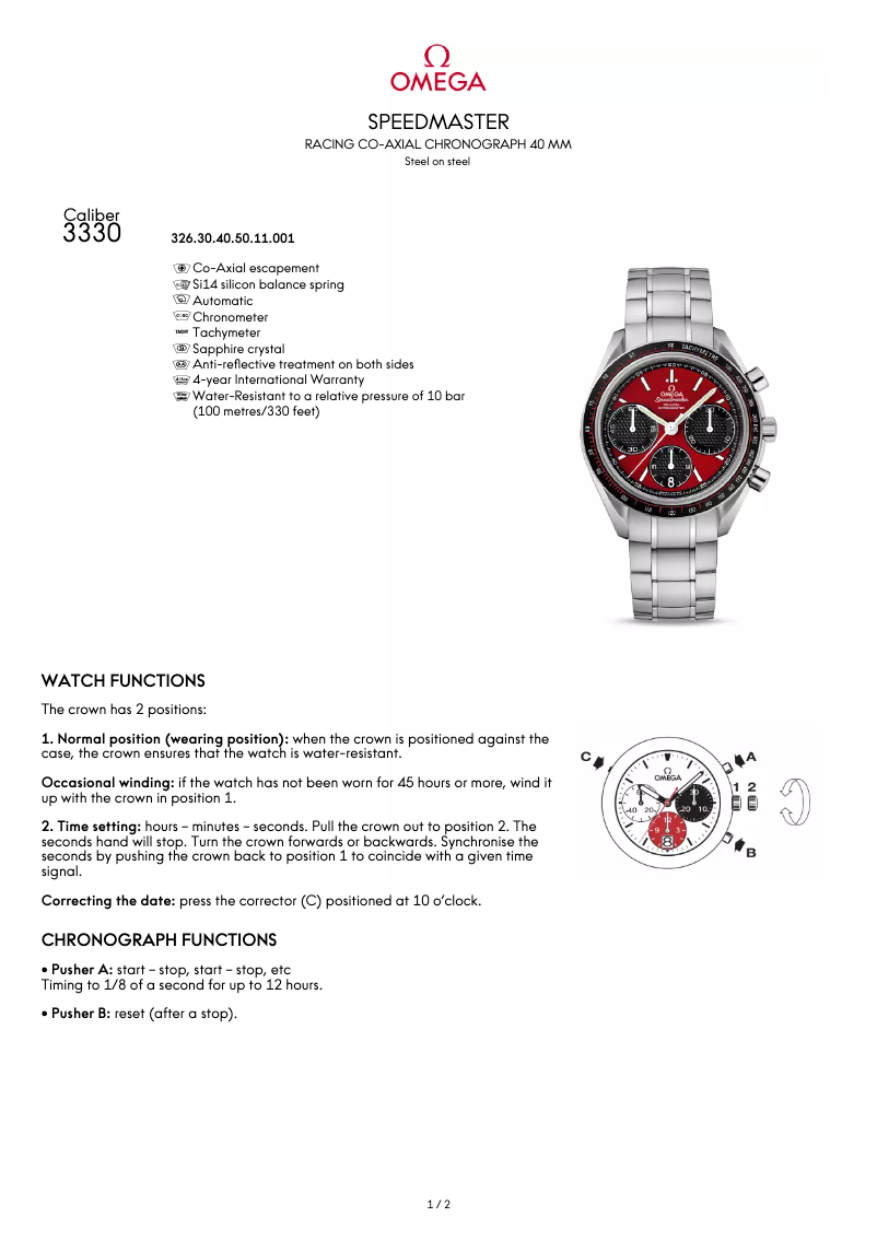 Page 1 de la notice Manuel utilisateur Omega Speedmaster Racing