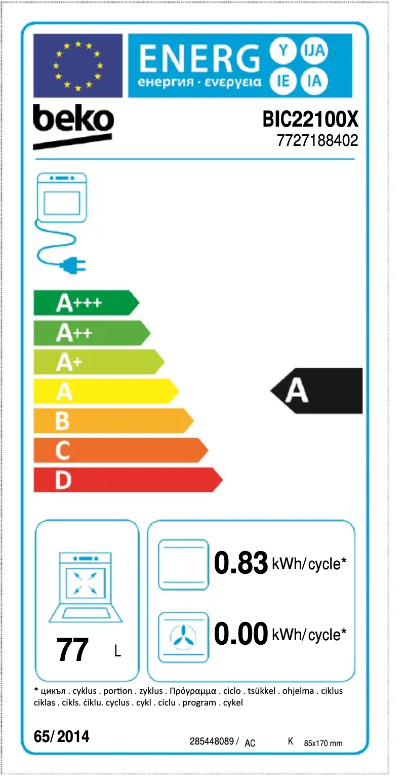 Page 1 de la notice Label énergétique Beko BIC 22100 X