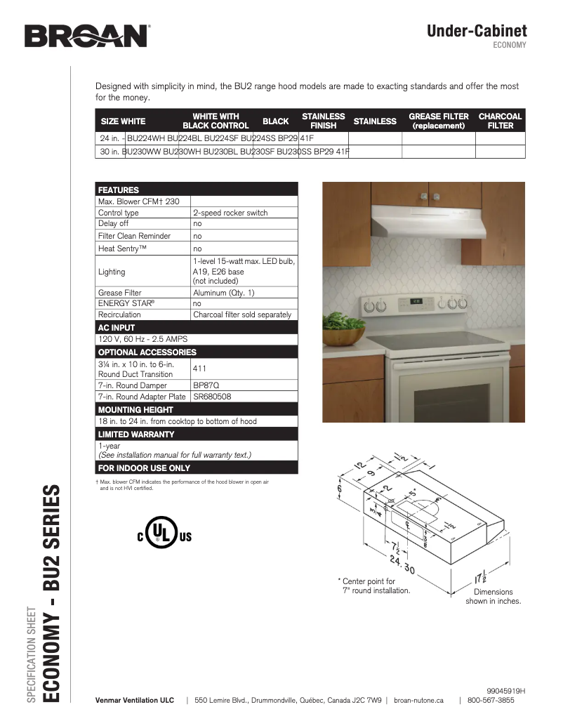 Page 1 de la notice Fiche technique Broan BU230WW