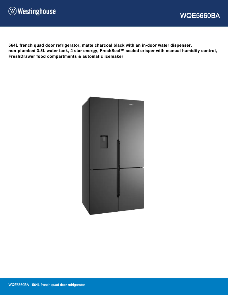 Page 1 de la notice Fiche technique Westinghouse WQE5660BA