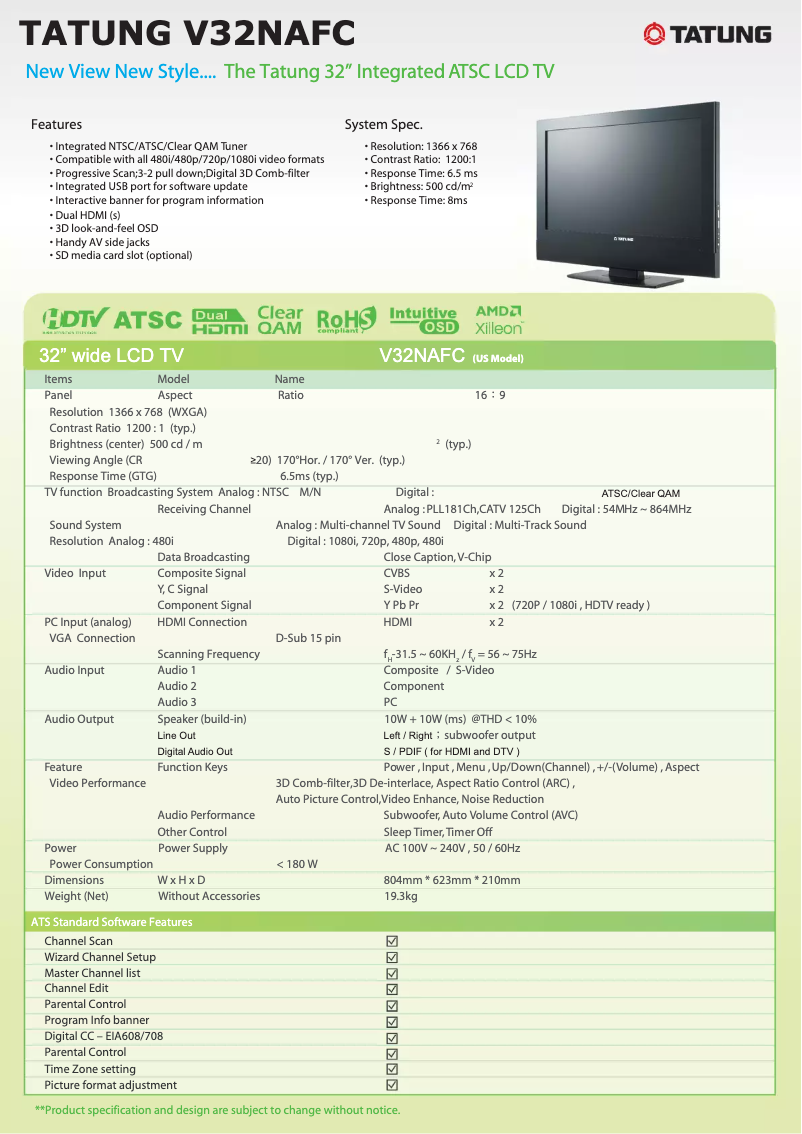 Page 1 de la notice Manuel utilisateur Tatung V32NCFC