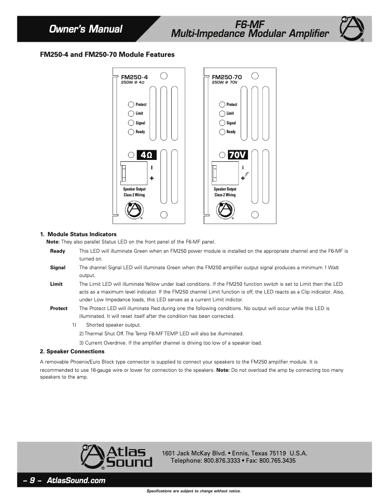 Page n°1 - Manuel utilisateur Atlas Sound FM250-70
