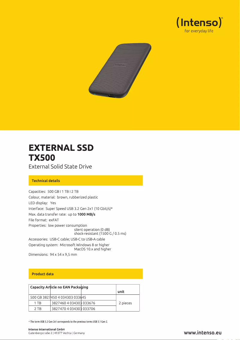 Page 1 de la notice Fiche technique Intenso TX500