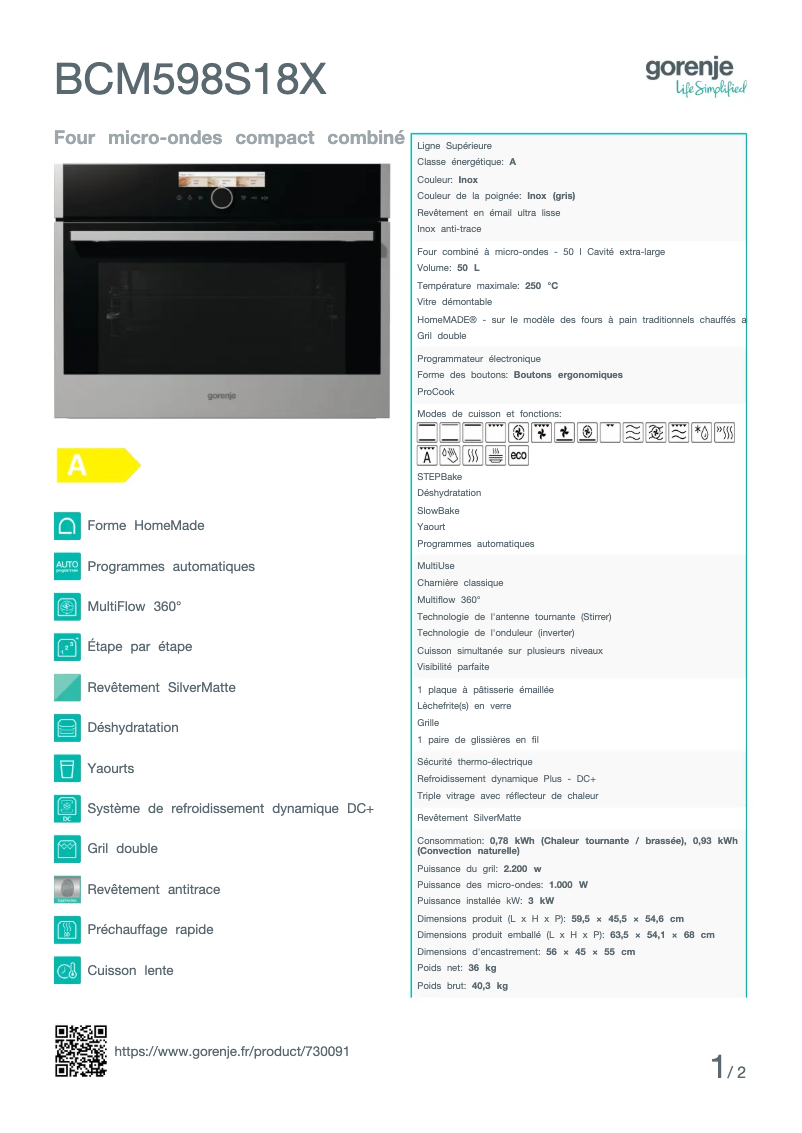 Page n°1 - Fiche technique Gorenje BCM598S18X