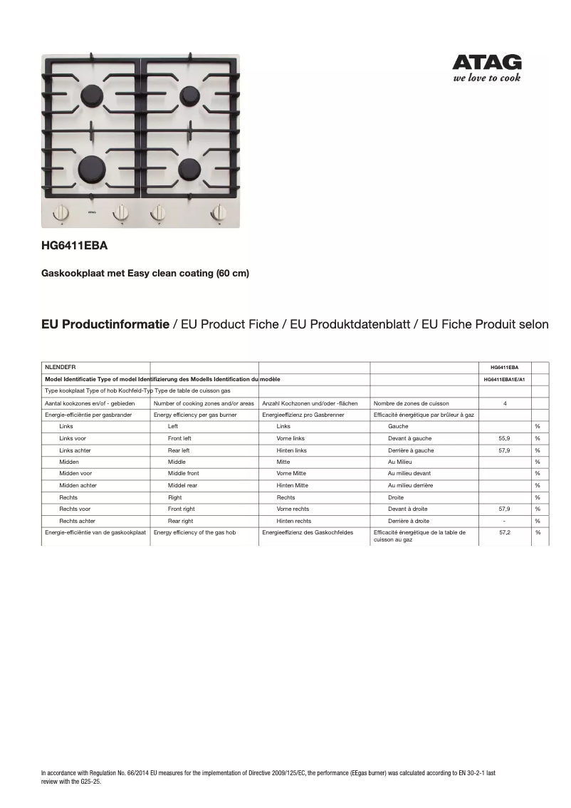 Page 1 de la notice Fiche technique Atag HG6411EBA
