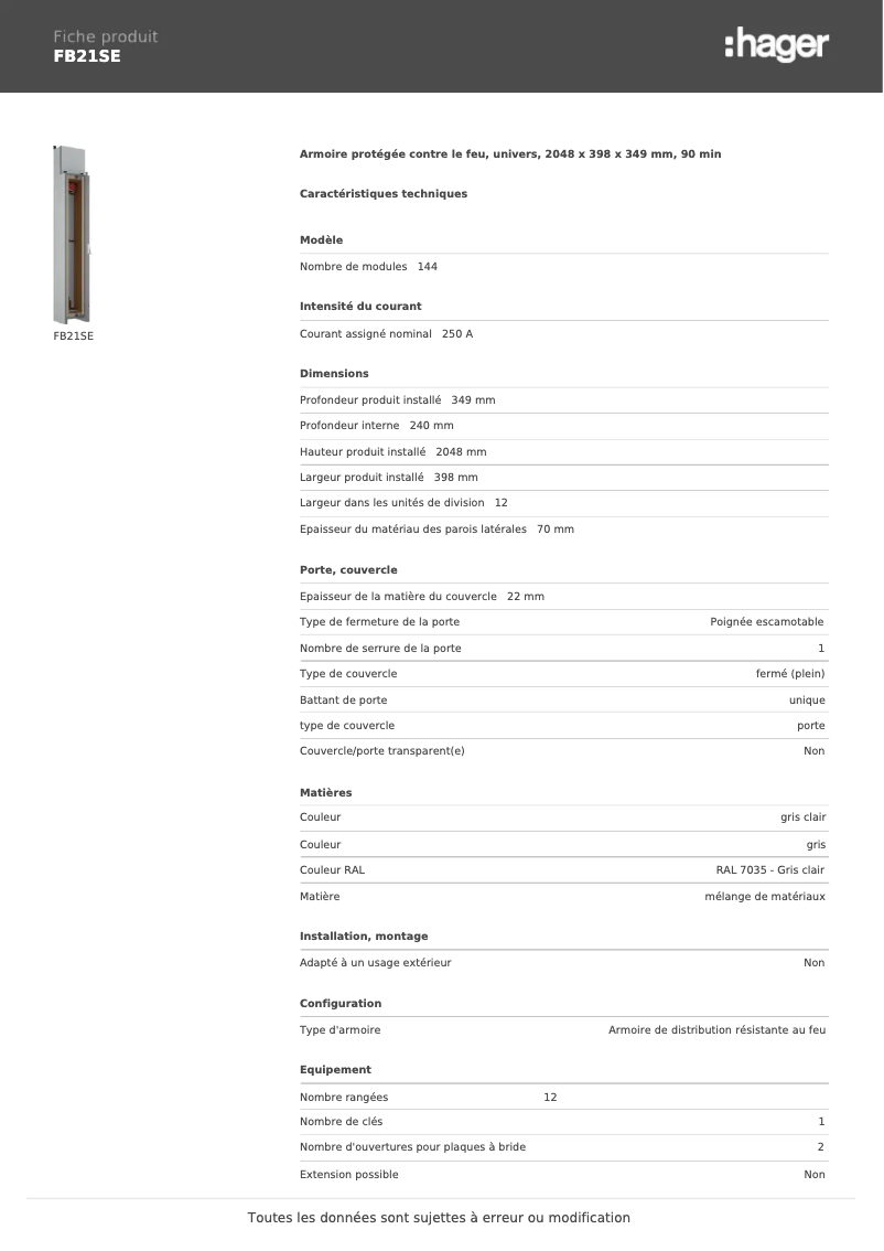 Page n°1 - Fiche technique Hager FB21SE