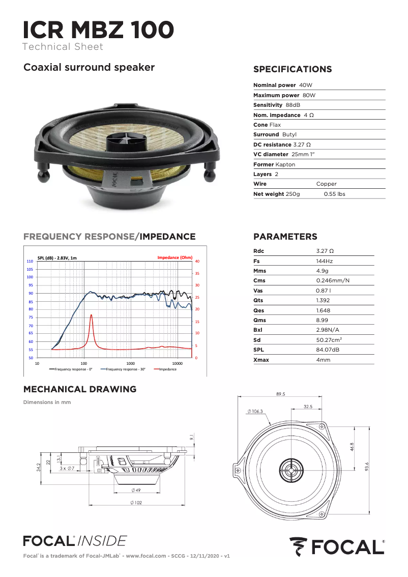 Página 1 del manual Ficha técnica Focal ICR MBZ 100