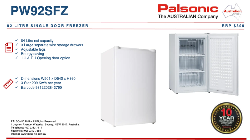 Page 1 de la notice Fiche technique Palsonic PW92SFZ