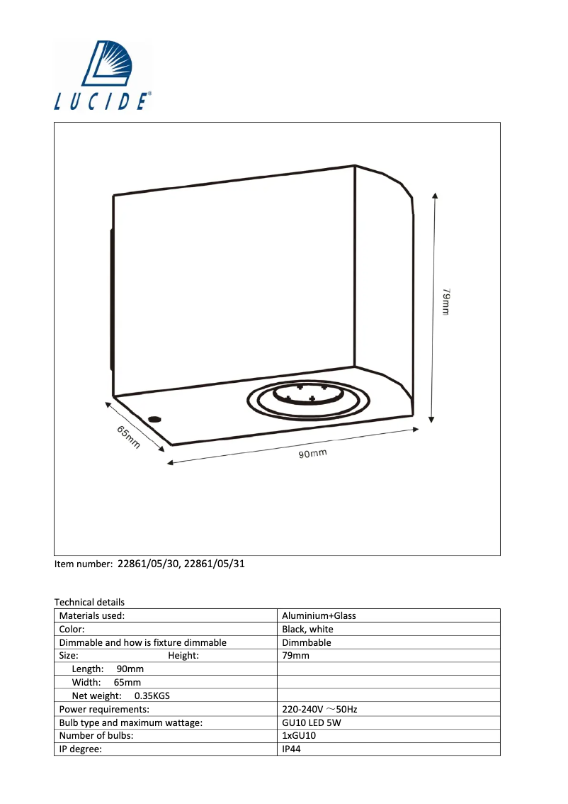 Page 1 de la notice Manuel utilisateur Lucide Zora 22861/05/30