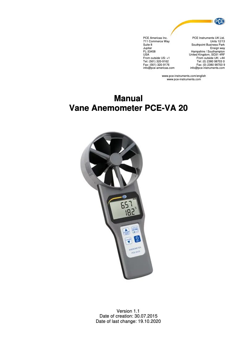 Page 1 de la notice Manuel utilisateur PCE Instruments PCE-VA 20