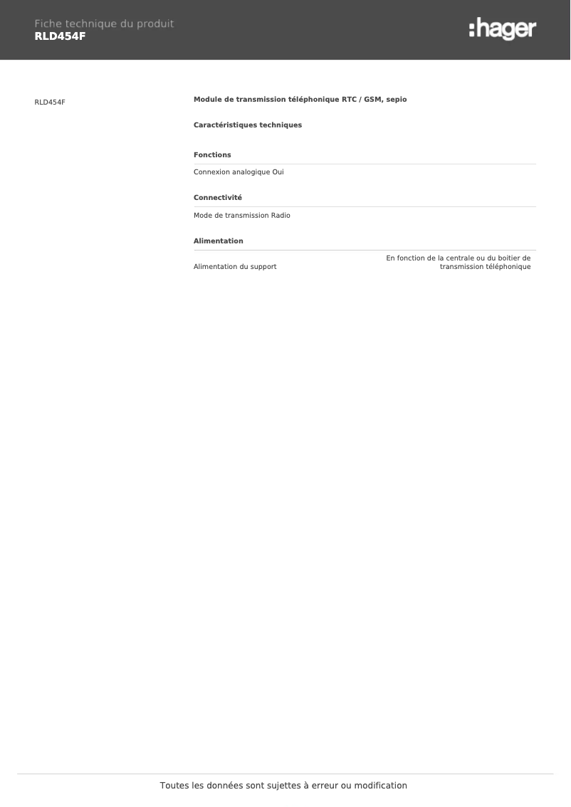 Page 1 de la notice Fiche technique Hager RLD454F