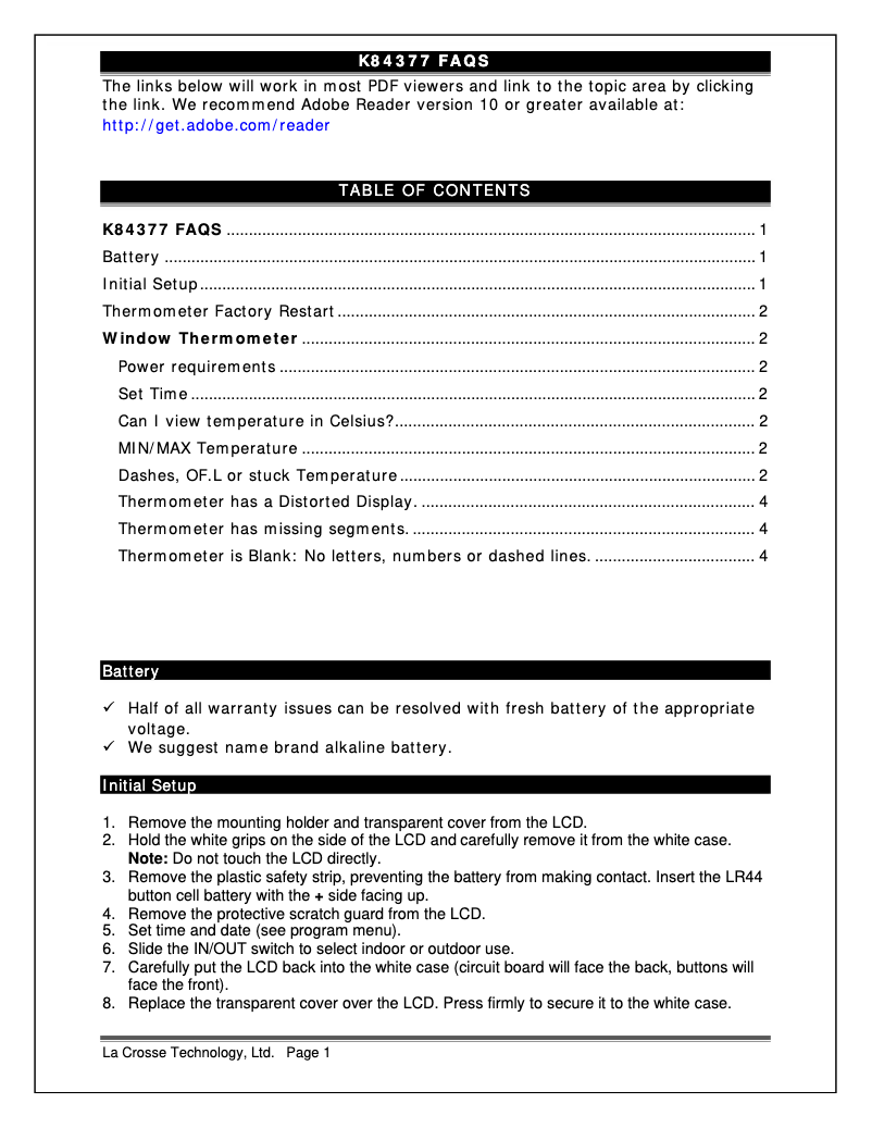 Page 1 de la notice FAQ La Crosse Technology K84377