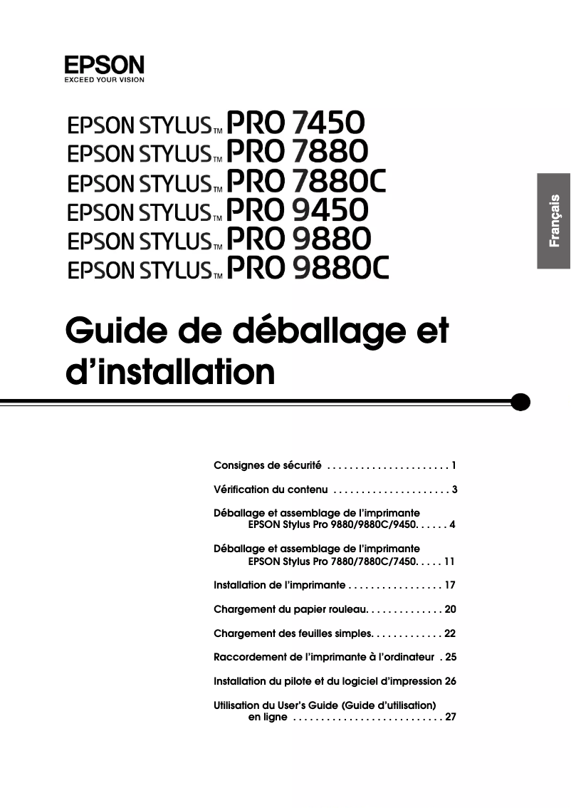 Page n°1 - Guide d'installation Epson Stylus Pro 7450