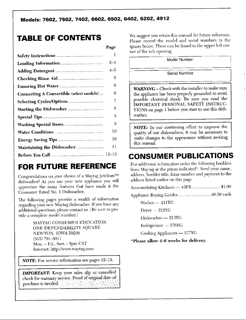 Page n°1 - Manuel utilisateur Maytag 6602