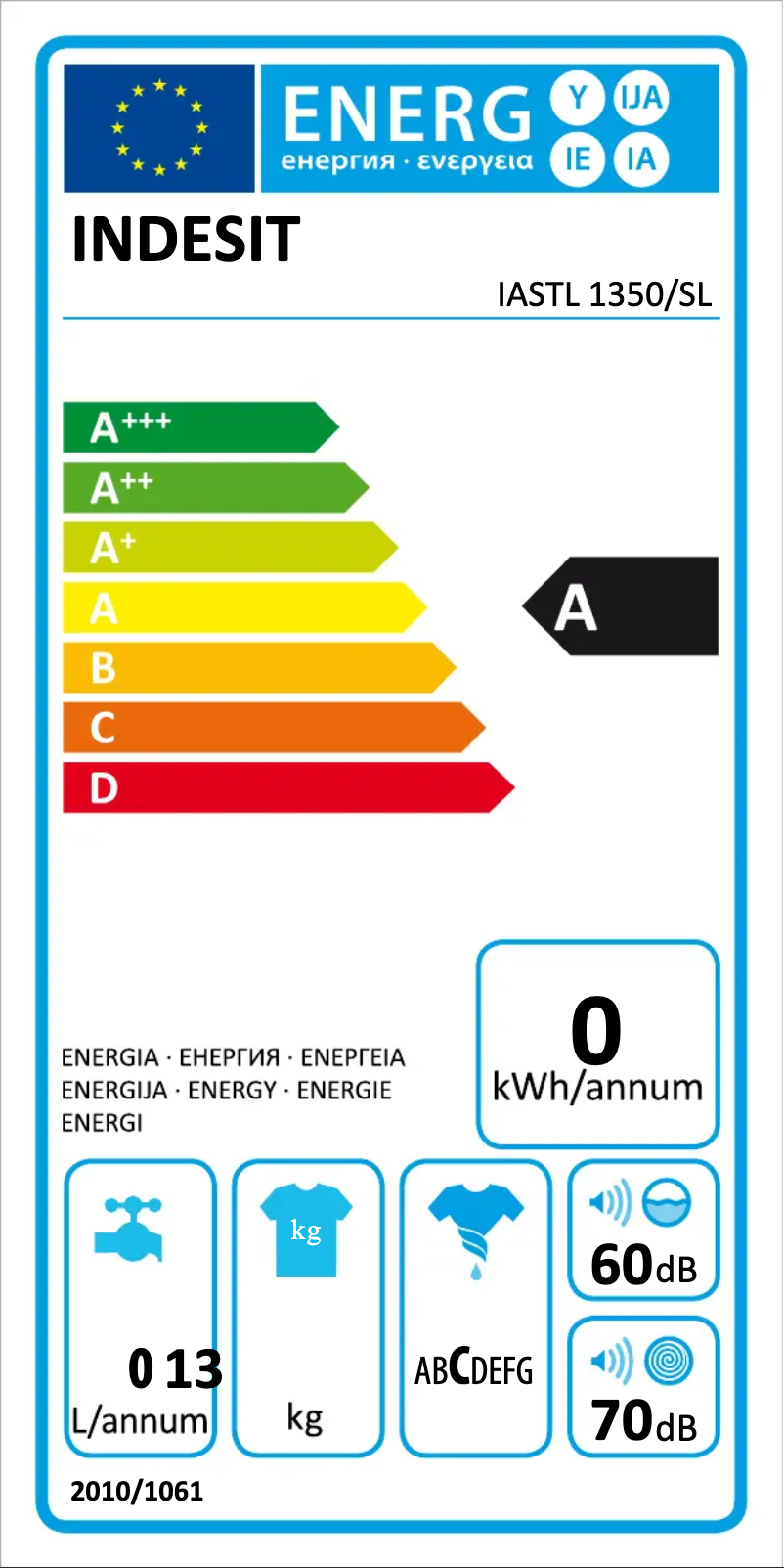 Page n°1 - Label énergétique Indesit IASTL 1350/SL