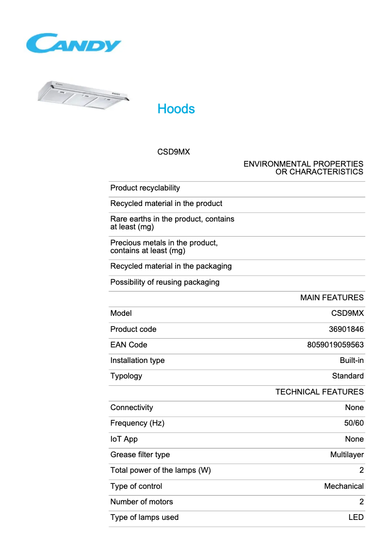 Page n°1 - Fiche technique Candy CSD9MX