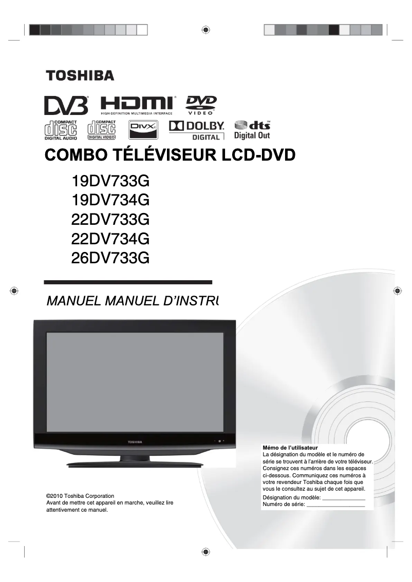 Page 1 de la notice Manuel utilisateur Toshiba 26DV733G