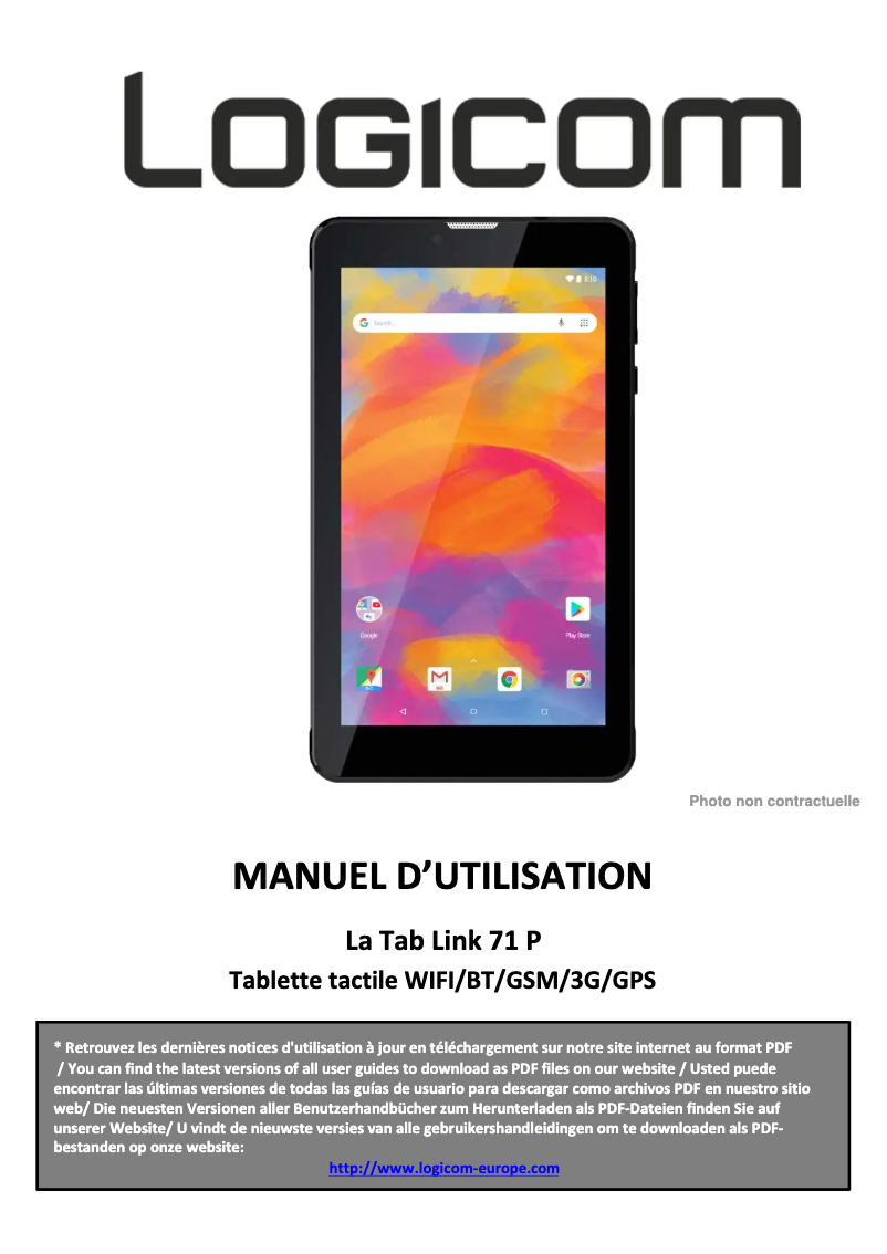 Page 1 de la notice Manuel utilisateur Logicom La Tab Link 71P