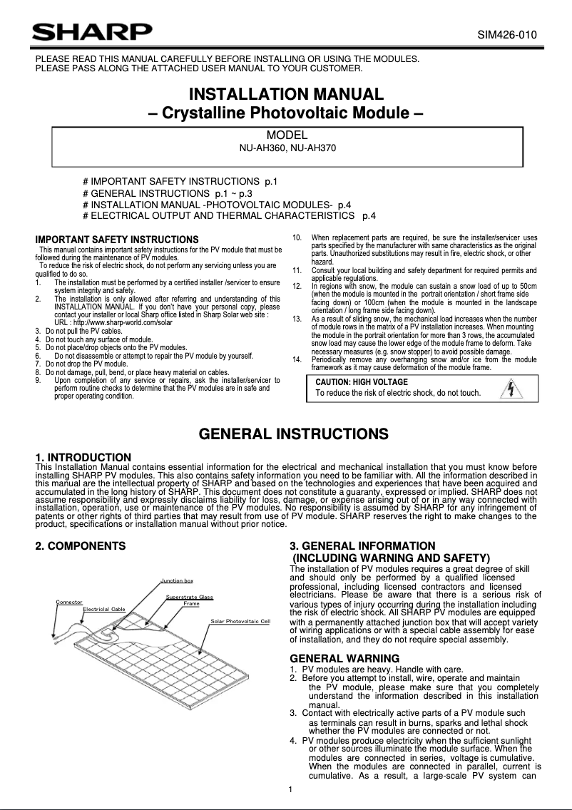 Page 1 de la notice Manuel utilisateur Sharp NU-AH370