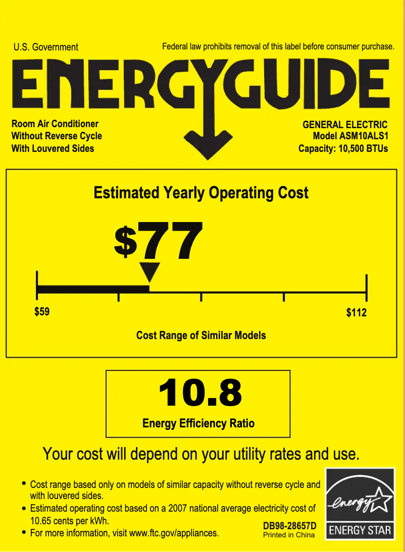 Page 1 de la notice Label énergétique GE ASM10AL