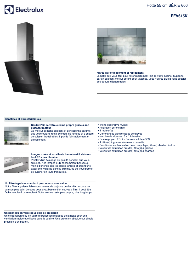 Page 1 de la notice Fiche technique Electrolux EFV615K