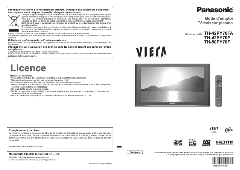 Image de la première page du manuel de l'appareil Viera TH-42PY70F