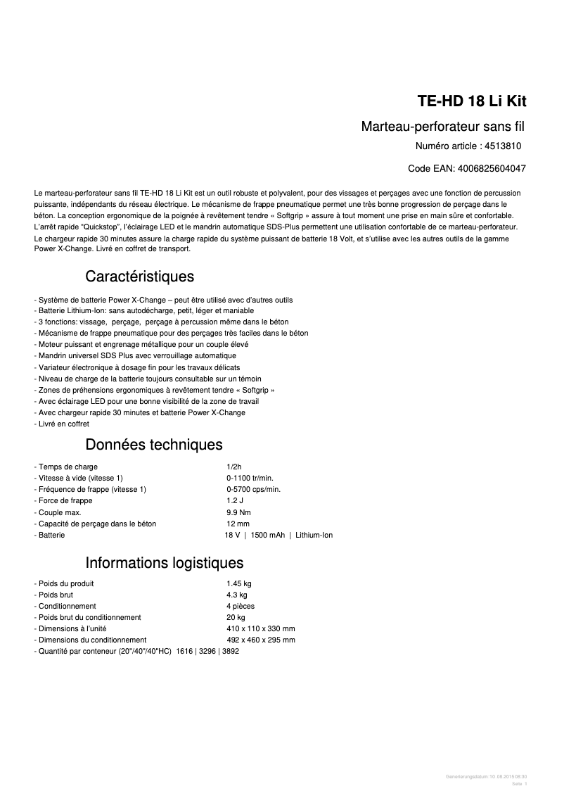 Page 1 de la notice Fiche technique Einhell TE-HD 18 Li