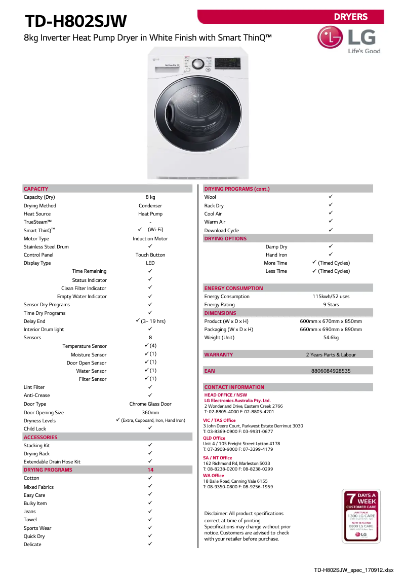 Page n°1 - Fiche technique LG TD-H802SJW
