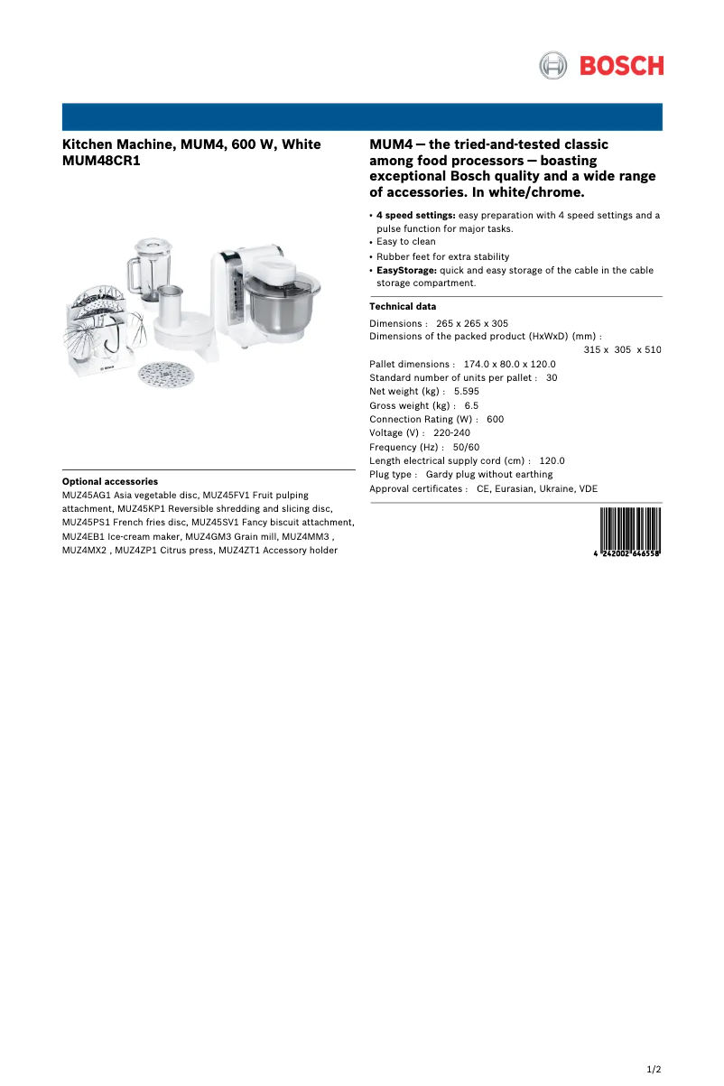 Page 1 de la notice Fiche technique Bosch MUM48CR1
